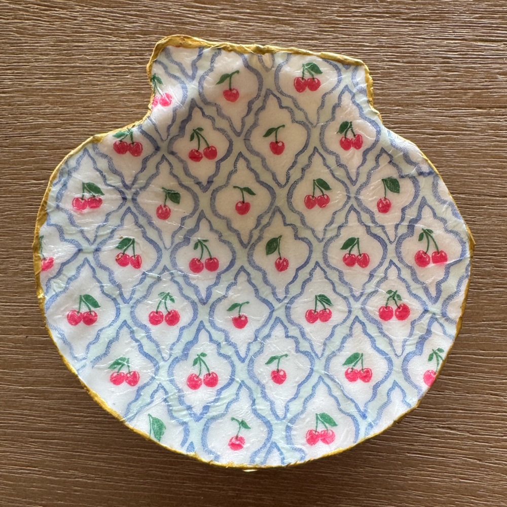 Decoupage Cherry Patterned Scallop Shell Trinket Dish. Handmade